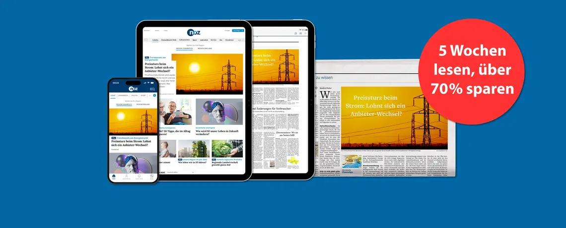 Abbildung der gedruckten Zeitung und der digitalen Produkte der NOZ mit dem Text "5 Wochen lesen, über 70% sparen"