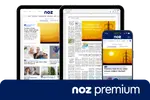 NOZ premium auf Tablet, E-Paper und Smartphone mit Nachrichtenübersicht und hervorgehobenem Logo im Vordergrund.  