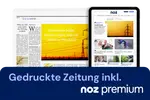 Gedruckte Tageszeitung und digitale NOZ-Website auf Tablet mit Logo und Hinweis auf das inkludierte noz premium. 
