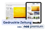 Gedruckte Tageszeitung und digitale NOZ-Website auf Tablet mit Logo und Hinweis auf das inkludierte noz premium. 