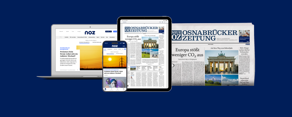 Eih Laptop mit noz.de, ein Smartphone mit der News-App, ein Tablet mit der E-Paper-App und eine gedruckte Zeitung