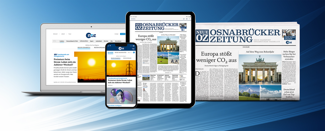 Eih Laptop mit noz.de, ein Smartphone mit der News-App, ein Tablet mit der E-Paper-App und eine gedruckte Zeitung