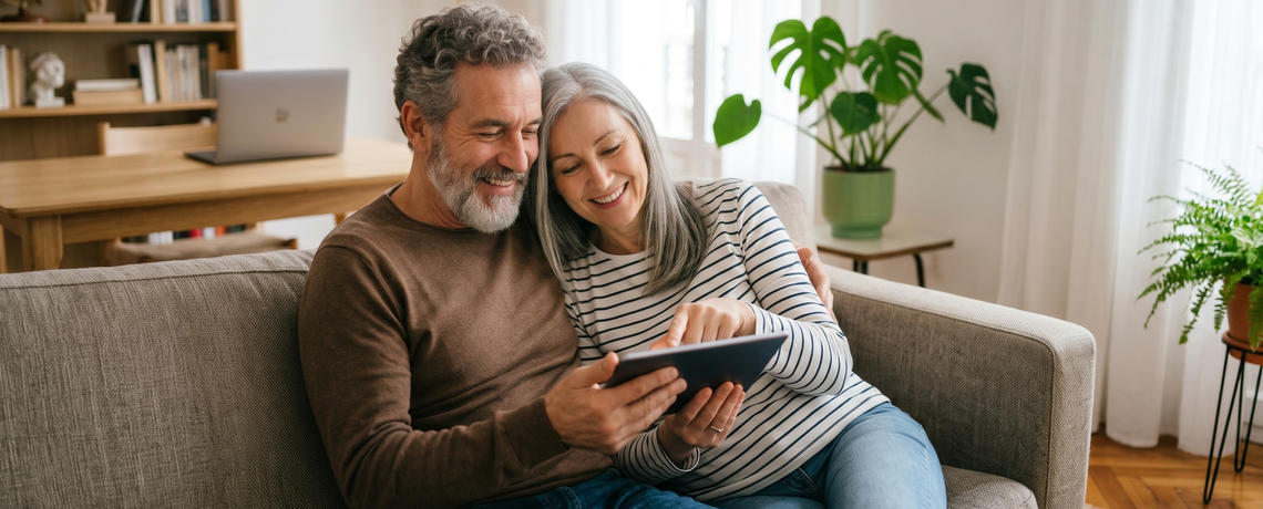 Ein Mann und eine Frau auf dem Sofa mit Tablet in der Hand