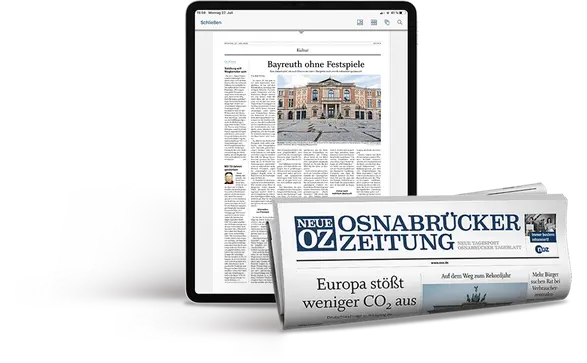 Tablet mit einer Artikelseite und eine Zeitungsrolle der Neuen Osnabrücker Zeitung