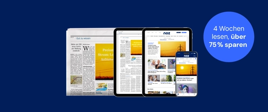 Abbildung der gedruckten Zeitung und digitalen Produkte von noz mit Störer "4 Wochen lesen, über 75 % sparen"