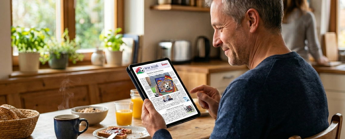 Mann liest Zeitung am Frühstückstisch auf einem Tablet