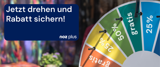 Text: Jetzt drehen und Rabatt sichern! + Abbildung Glücksrad mit Rabatten