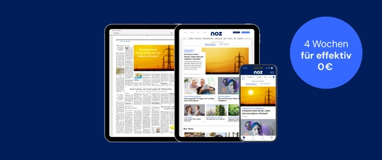Abbildung der digitalen Produkte von noz mit einem Störer und Text "2 Wochen für effektiv 0€"